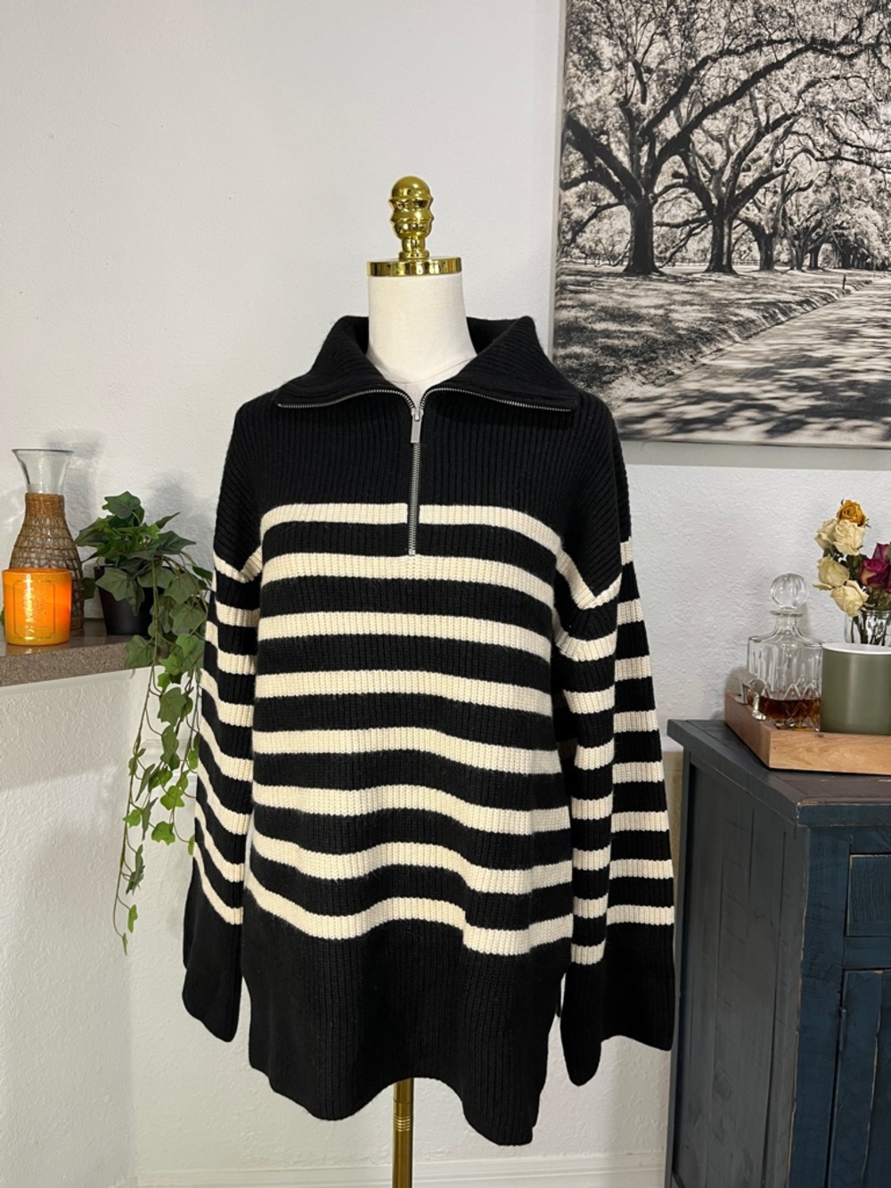 H&M Black & Cream Striped Half-Zip Turtleneck Sweater